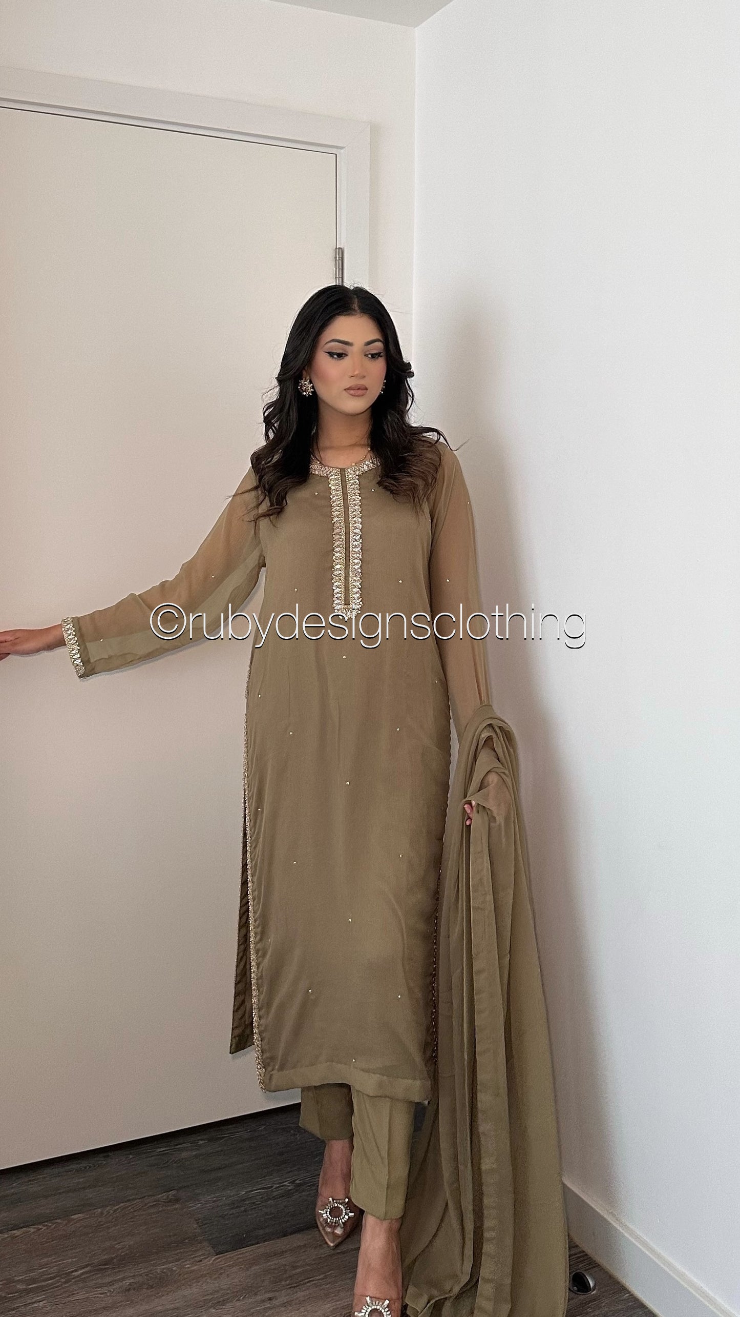SARA Olive - 3 Piece Chiffon Suit with Pockets and Handwork