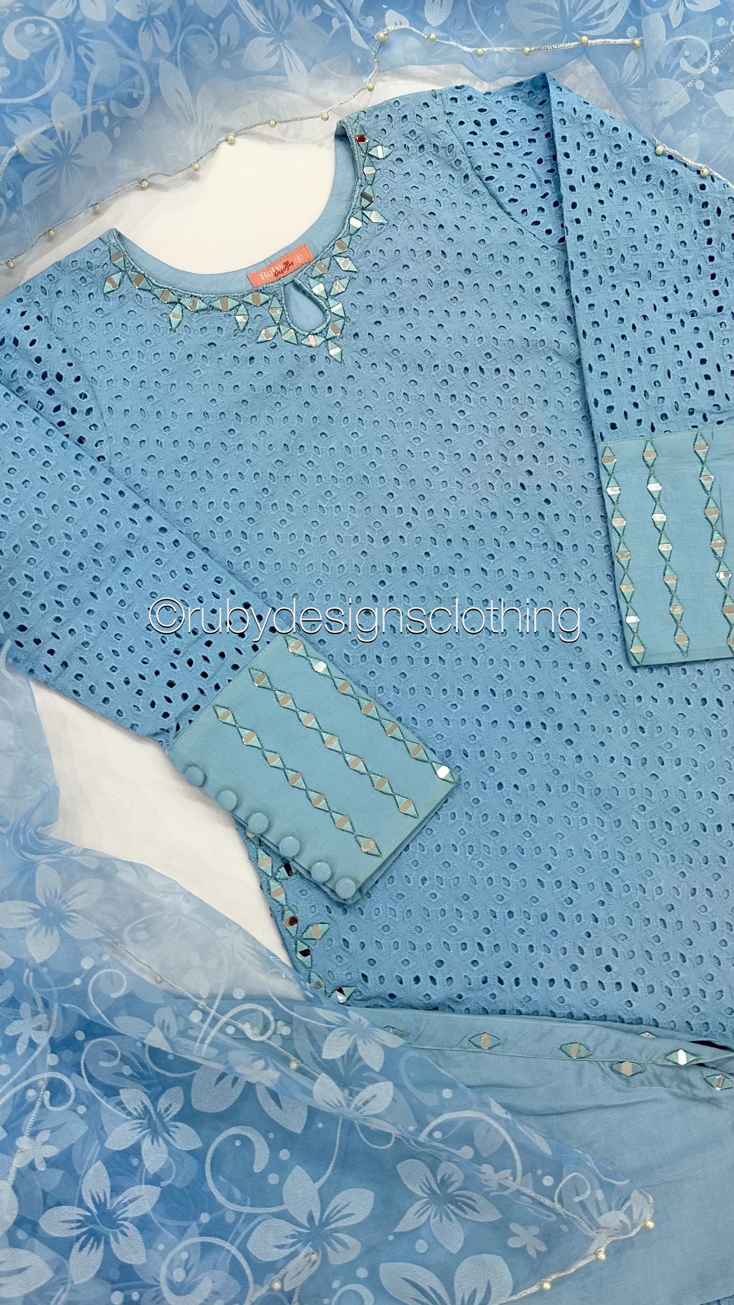 AZRA Blue - 3 Piece Blue Chikankari Suit with Floral Print Organza Dupatta