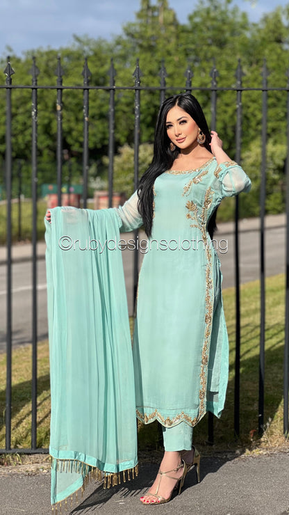 LIMITED EDITION SAMARA Mint - 3 Piece Chiffon Suit with Gold Hand Embellishment