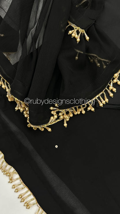 SOFIA Black - 3 Piece Black Chiffon Suit with Gold Handwork