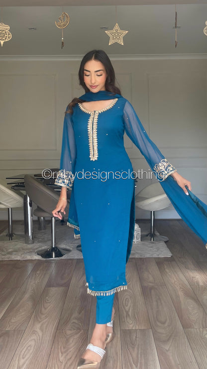 SOFIA Teal - 3 Piece Teal Chiffon Suit with Gold Handwork