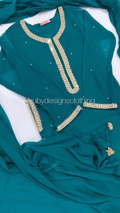 SARA Sea Green/Teal - 3 Piece Chiffon Suit with Pockets and Handwork