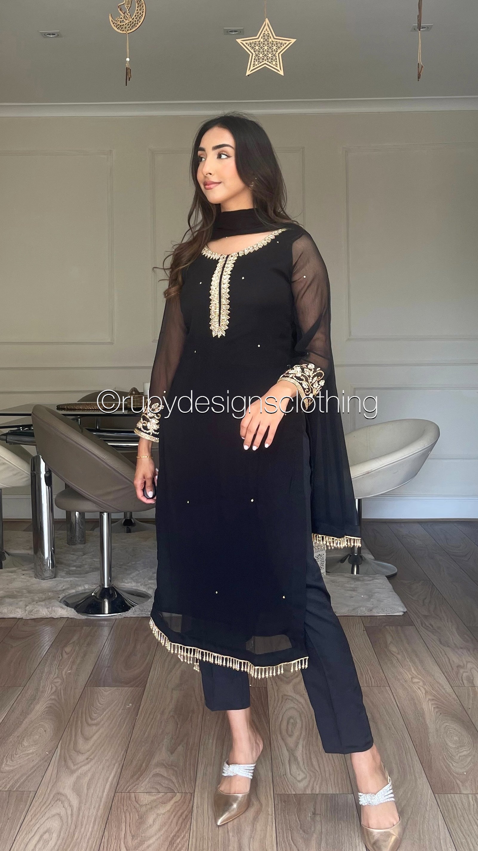 SOFIA Black Piece Black Chiffon Suit with Gold Handwork