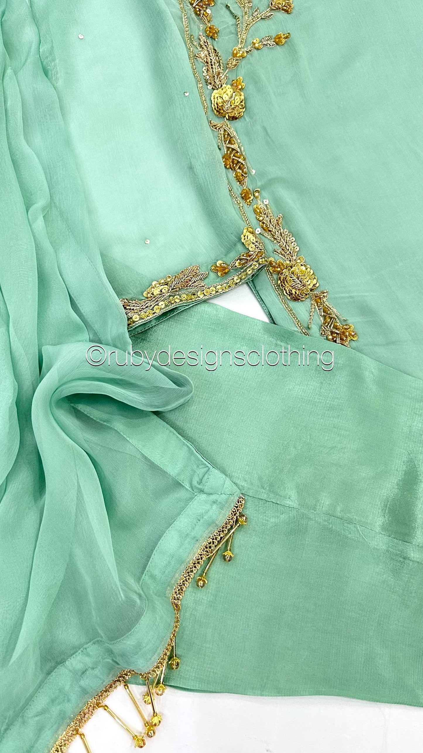 LIMITED EDITION SAMARA Mint - 3 Piece Chiffon Suit with Gold Hand Embellishment