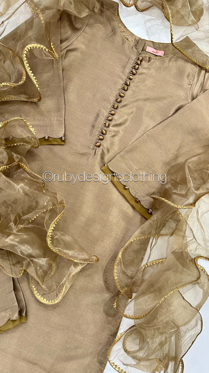 ALEEZA Brown - 3 Piece Raw Silk Suit with Ruffle Dupatta