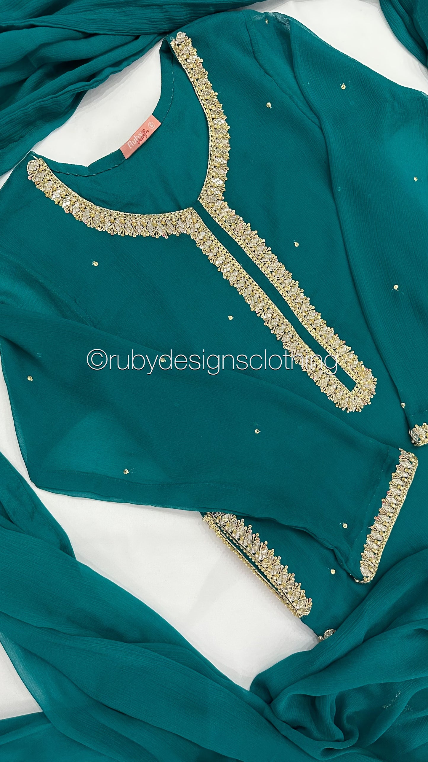 SARA Sea Green/Teal - 3 Piece Chiffon Suit with Pockets and Handwork