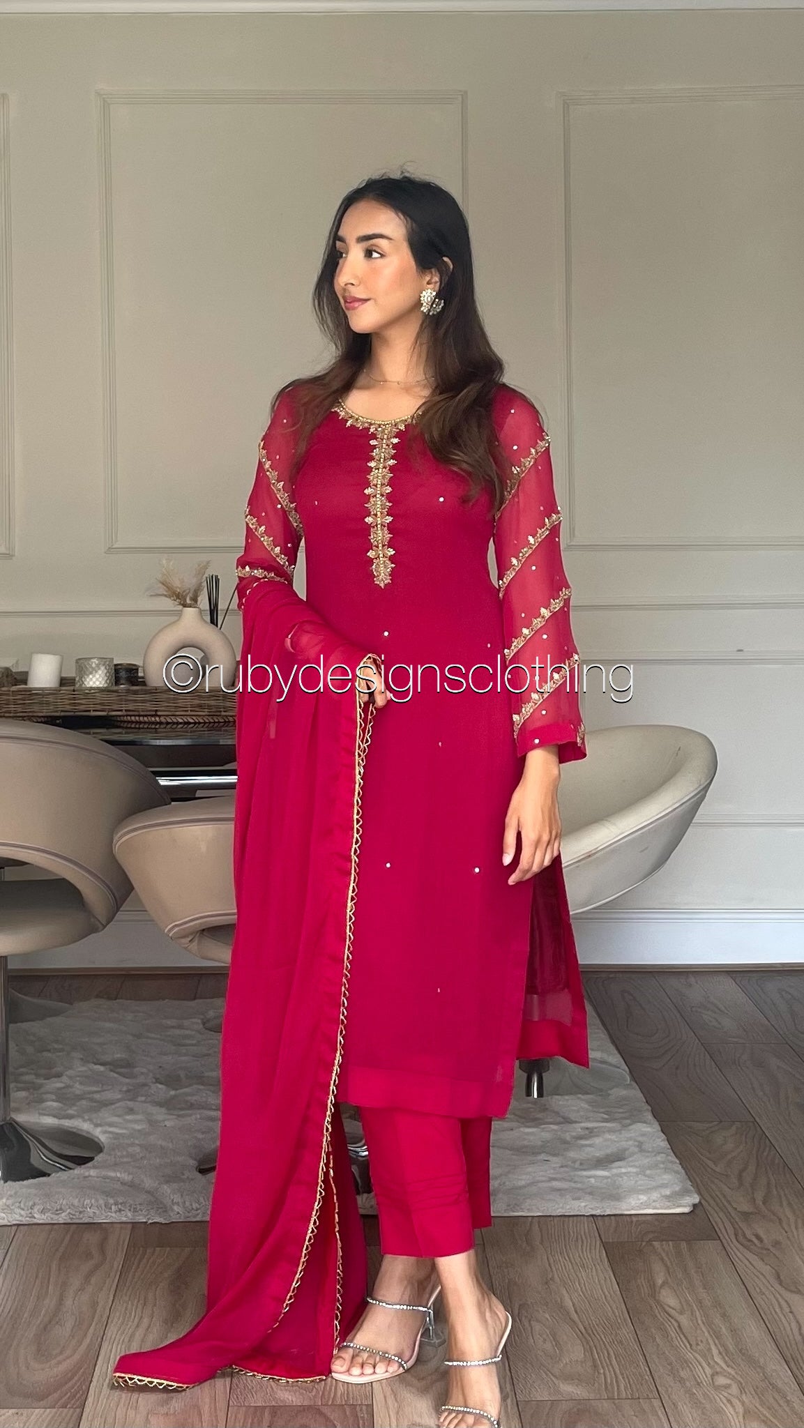IRHA Red - 3 Piece Chiffon Suit with Gold Handwork