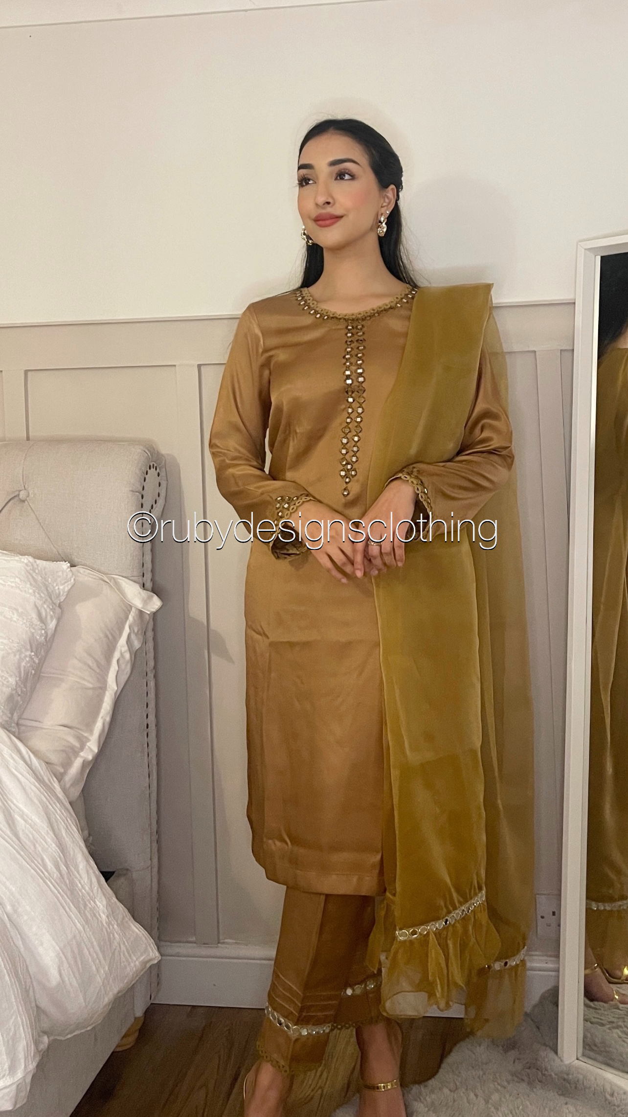 SONA - 3 Piece Gold/Caramel Marina Suit with Mirror Work