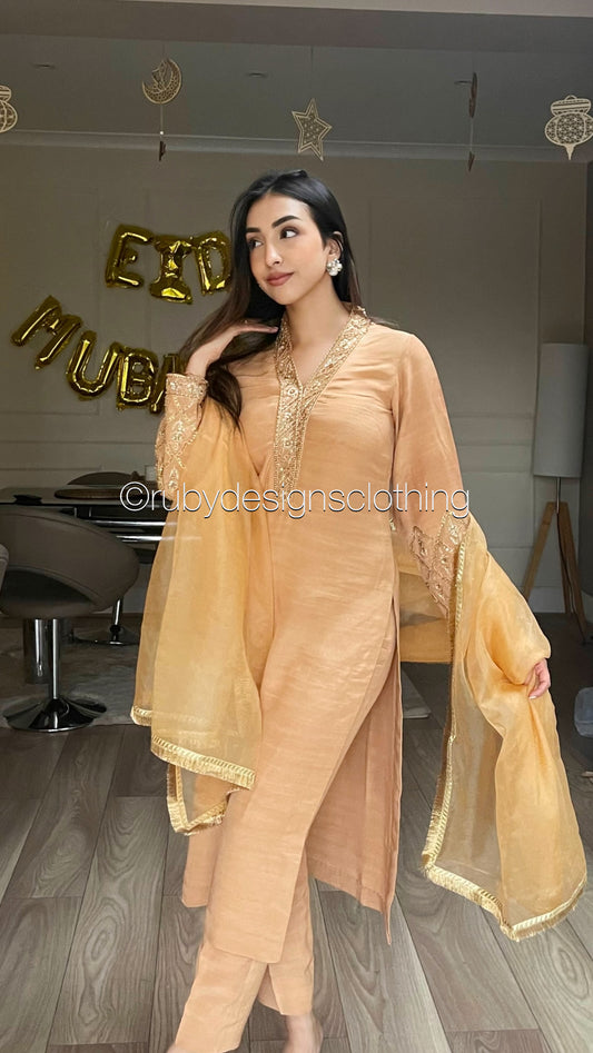 SUNDAS - 3 Piece Korean Raw Silk Suit with Jamawar Dupatta (8034487730389)