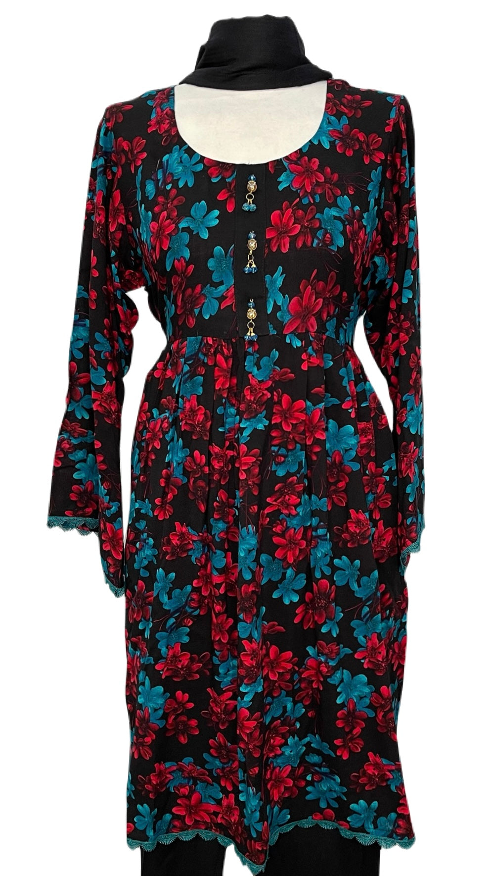 3 Piece Red and Blue Linen Floral Print Dress