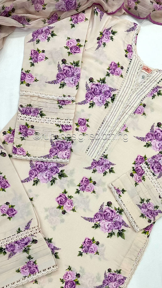 BISMA - 3 Piece Lilac Floral Print Swiss Lawn Suit with Chiffon Dupatta