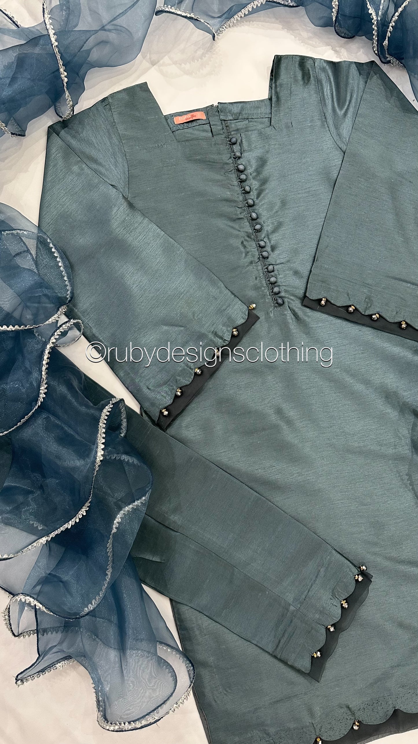 ALEEZA Blue - 3 Piece Raw Silk Suit with Ruffle Dupatta