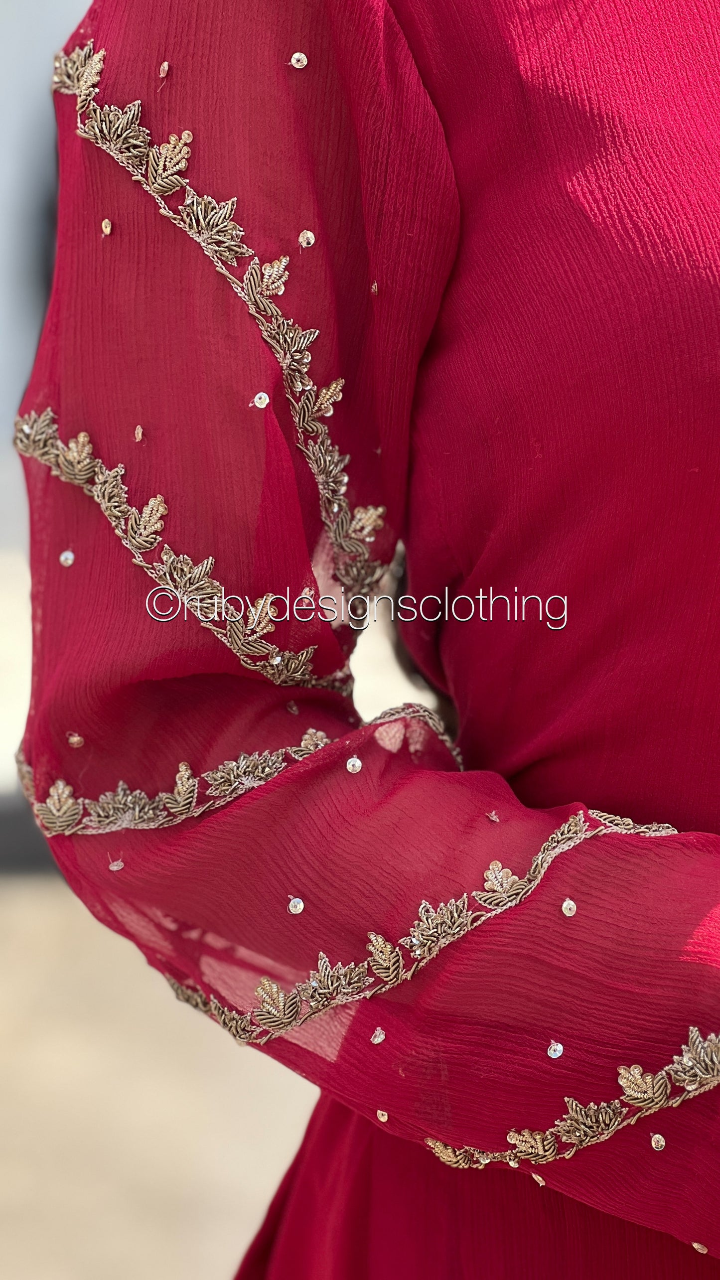 IRHA Red - 3 Piece Chiffon Suit with Gold Handwork