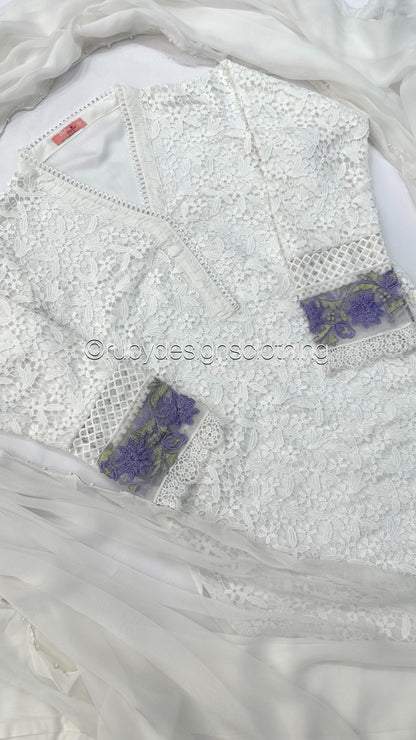 HAFSAH - 3 Piece White Crochet Lace Suit with Chiffon Dupatta
