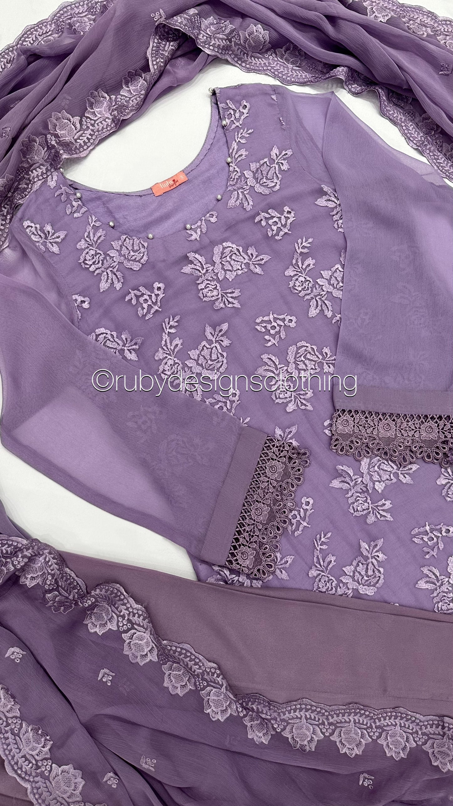 MEHER Lilac - 3 Piece Embroidered Chiffon Suit with Cut Out Details