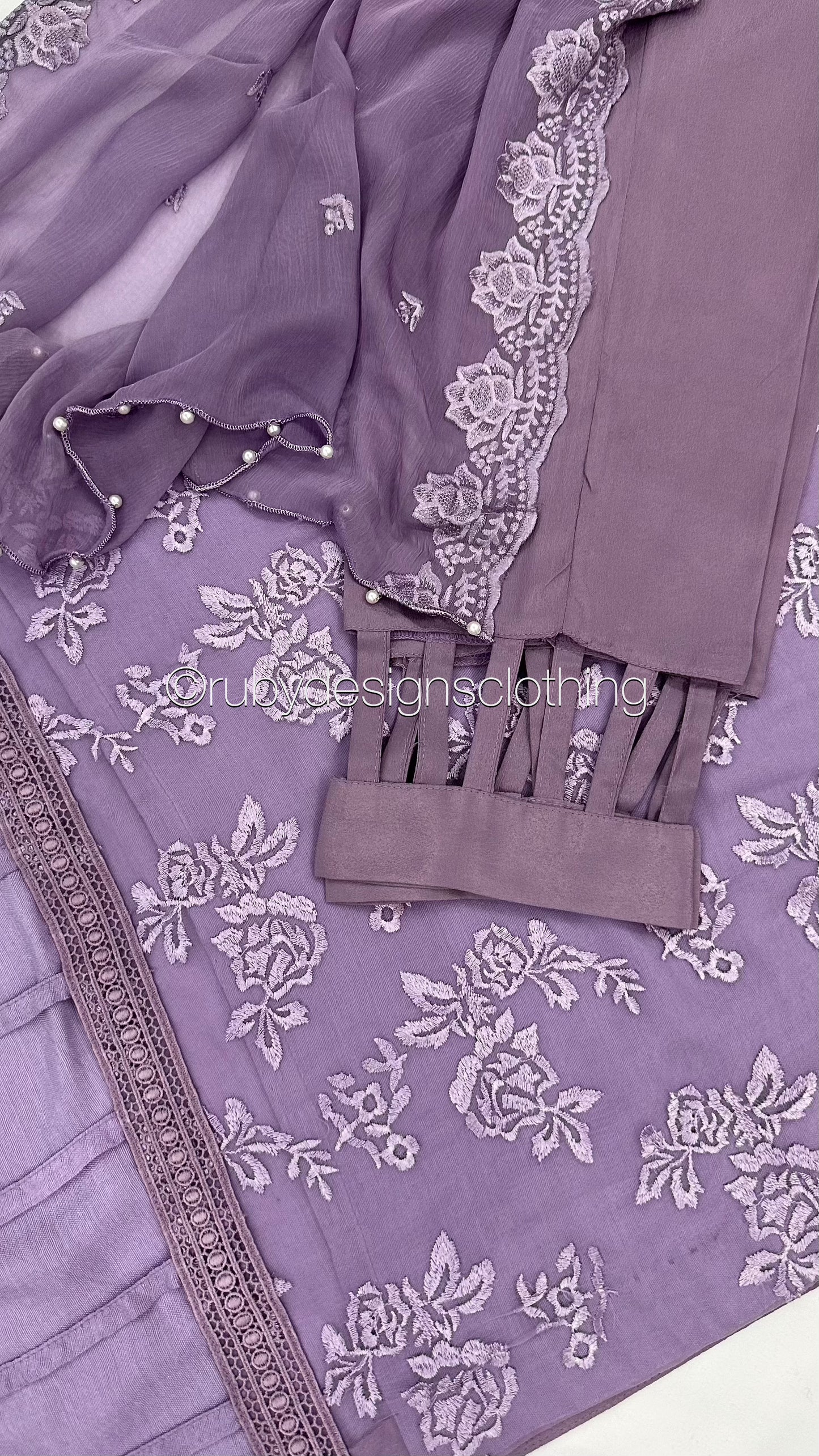 MEHER Lilac - 3 Piece Embroidered Chiffon Suit with Cut Out Details