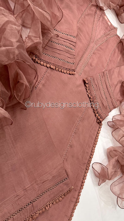 AYLA Rose - 3 Piece Dusty Pink Cotton Silk Suit with Ruffle Organza Dupatta