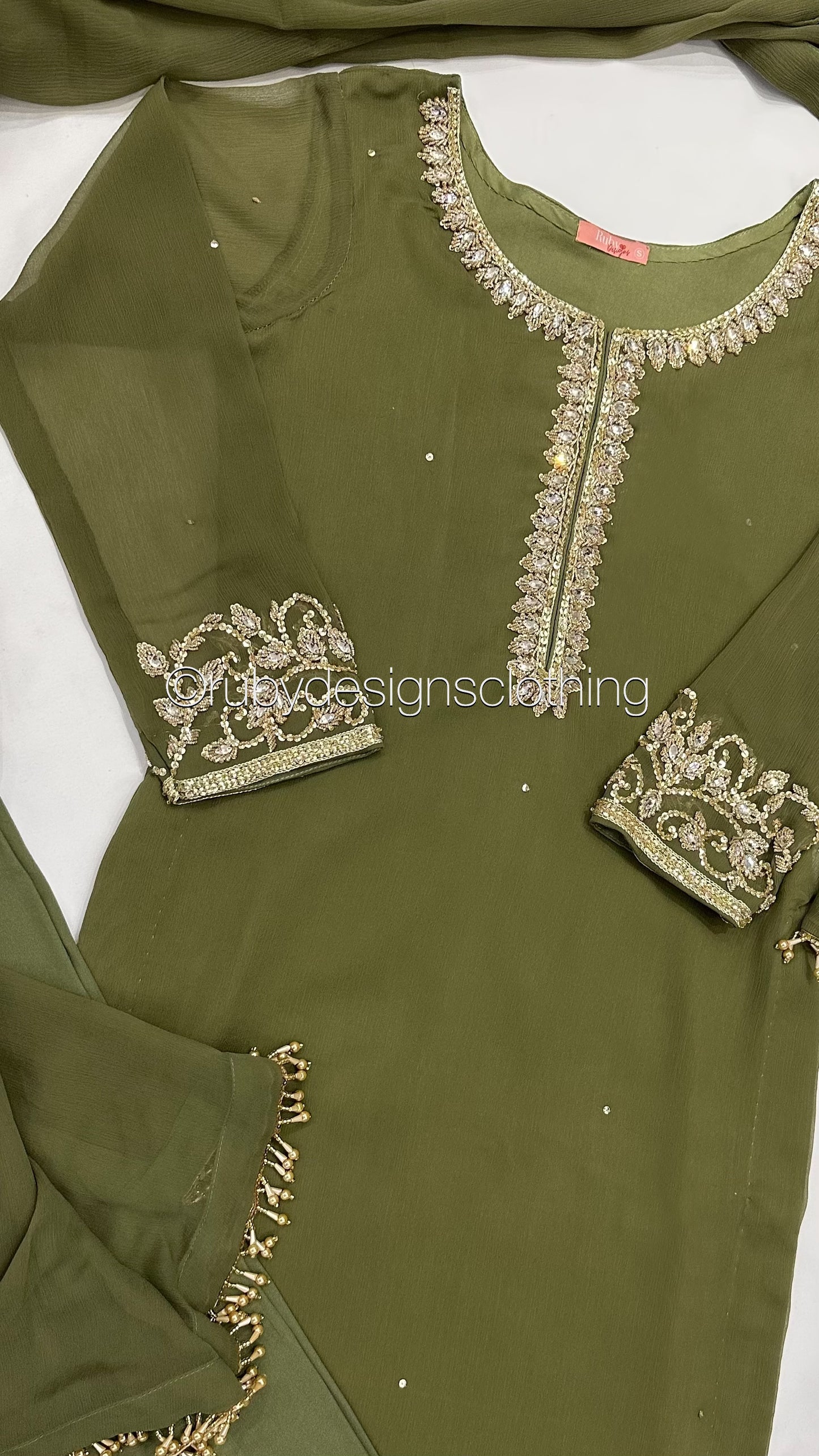 SOFIA Olive - 3 Piece Olive Chiffon Suit with Gold Handwork