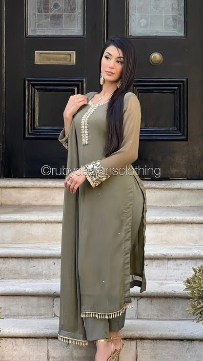 SOFIA Olive - 3 Piece Olive Chiffon Suit with Gold Handwork