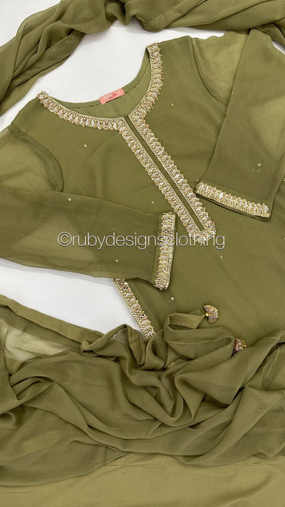 SARA Olive - 3 Piece Chiffon Suit with Pockets and Handwork