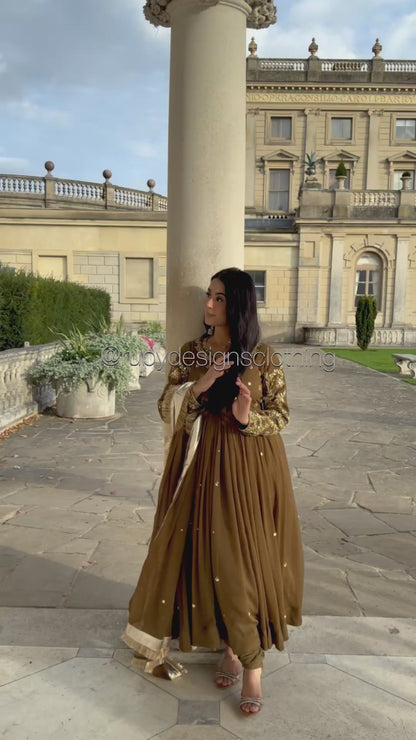 NAYRA Style 1 (Dress) - 3 Piece Khaki Chiffon Dress with Kiran Lace Dupatta and Churidaar Trousers