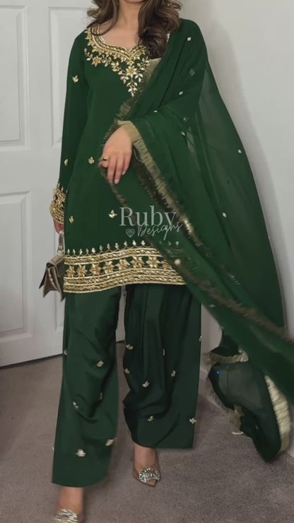 SAJAL Emerald - 3 Piece Chiffon Suit with Farshi Shalwar and Gota Handwork