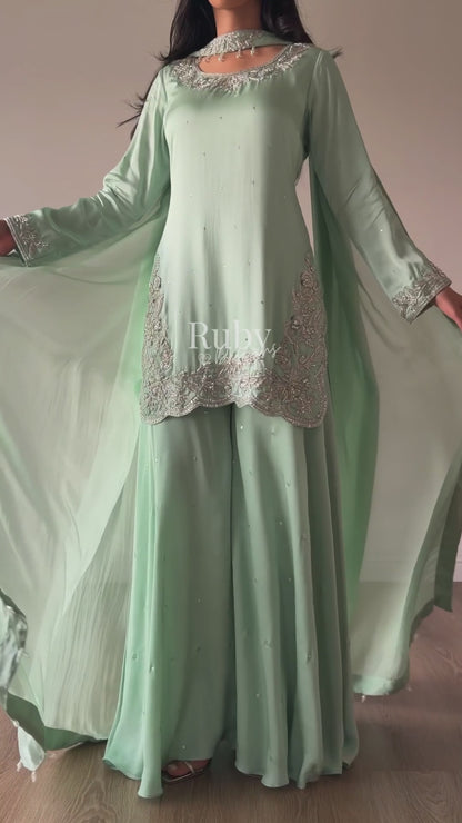 PARISA Sage - 4 Piece Silk Suit with Matching Potli Bag