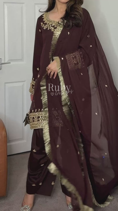 SAJAL Cocoa - 3 Piece Chiffon Suit with Farshi Shalwar and Gota Handwork