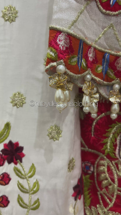 3 Piece ANAYA Inspired White and Red Embroidered Suit