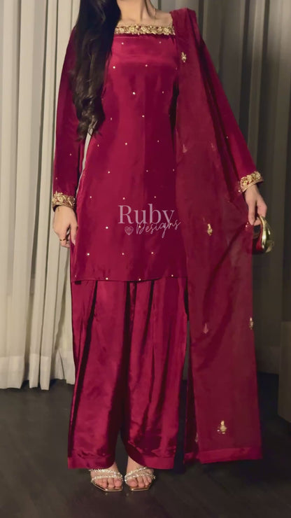 MEHER Rouge - 3 Piece Silk Suit with Farshi Shalwar