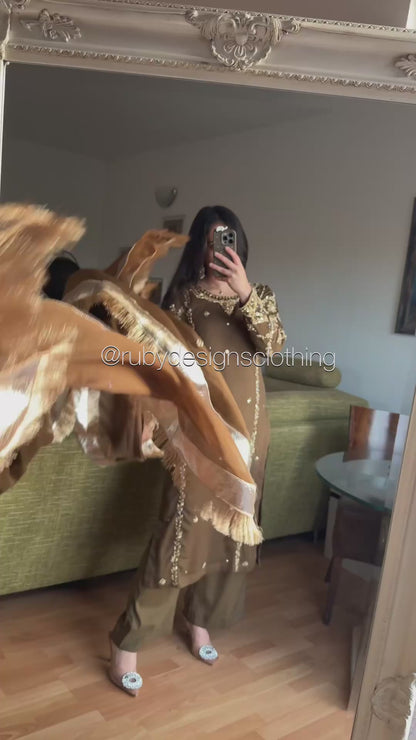 NAYRA Style 2 (Long Shirt) - 3 Piece Khaki Chiffon Suit with Trouser