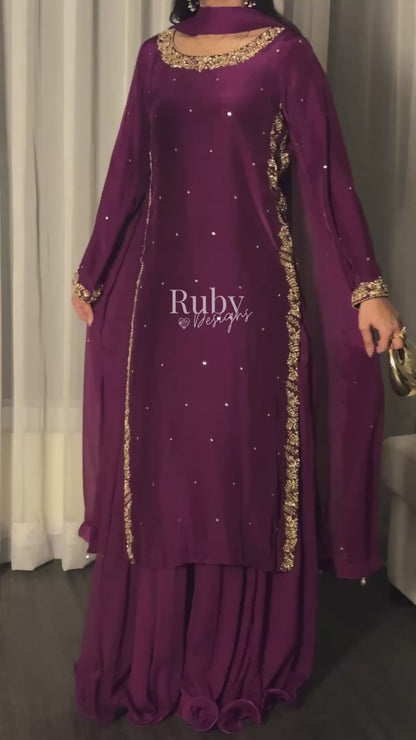 ZAINA Mulberry - 3 Piece Silk Suit with Gold Handwork