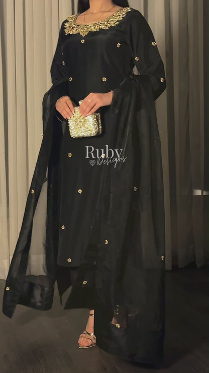 MEHRA - 3 Piece Black Silk Suit with Organza Dupatta