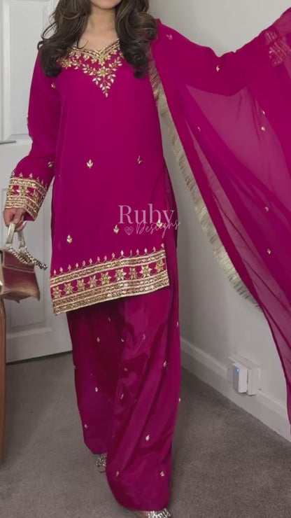 SAJAL Rose - 3 Piece Chiffon Suit with Farshi Shalwar and Gota Handwork