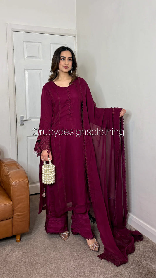 MINHA Berry - 3 Piece Chiffon Suit with Cutwork