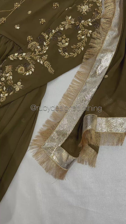 NAYRA Style 1 (Dress) - 3 Piece Khaki Chiffon Dress with Kiran Lace Dupatta and Churidaar Trousers