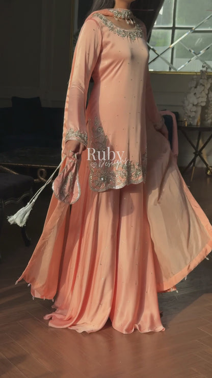 PARISA Peach - 4 Piece Silk Suit with Matching Potli Bag