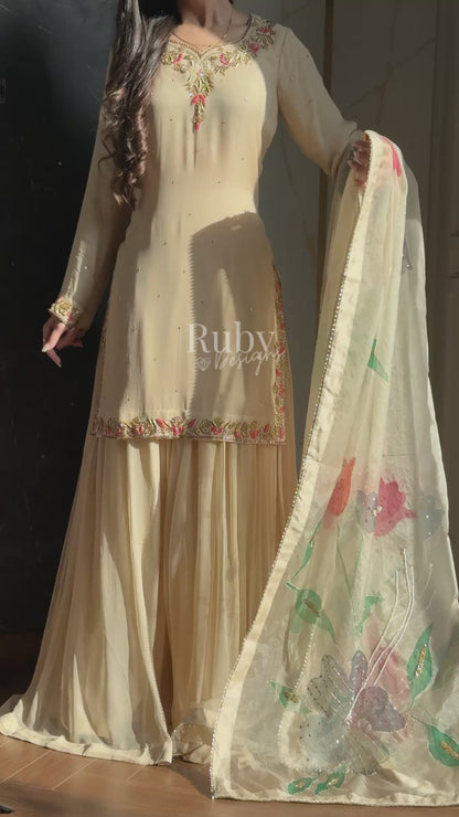 ZAIRA Dune - 3 Piece Chiffon Sharara Suit with Hand Painted Dupatta