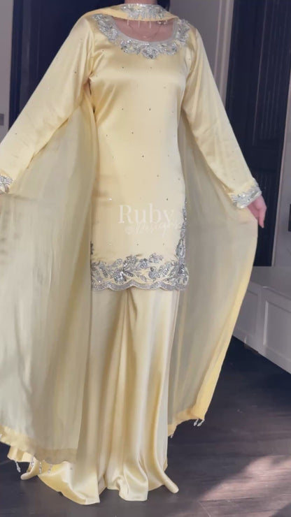 PARISA - 3 Piece Butter Yellow Silk Suit with Sharara