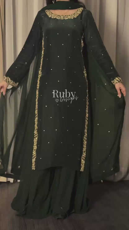 ZAINA Emerald - 3 Piece Silk Suit with Gold Handwork