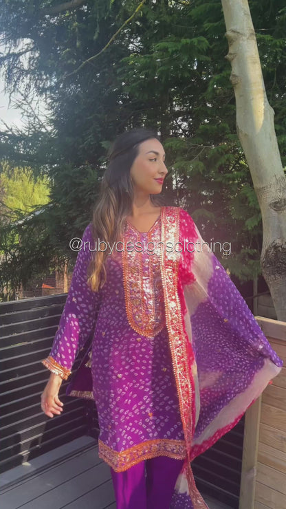 EXCLUSIVE SAMPLE - 3 Piece Purple Chiffon Kameez with Gota Work and Chunri Dupatta