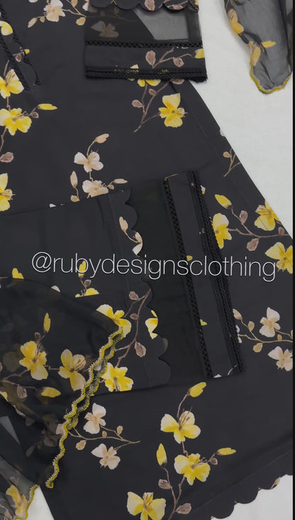 UMAIZA- 3 Piece Black and Yellow Swiss Lawn Suit with Silk Dupatta