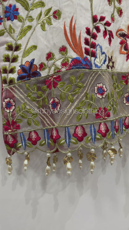 3 Piece ANAYA Inspired White and Red Embroidered Suit