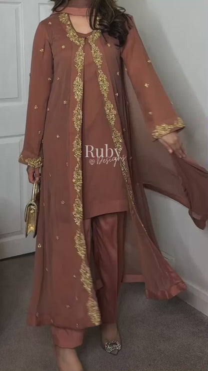 SORAYA - 4 Piece Chiffon Suit with Jacket and Gold Handwork