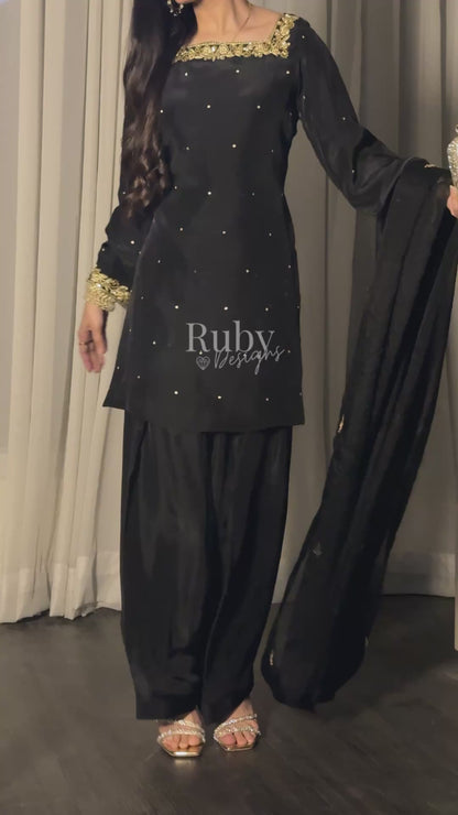 MEHER Noir - 3 Piece Silk Suit with Farshi Shalwar