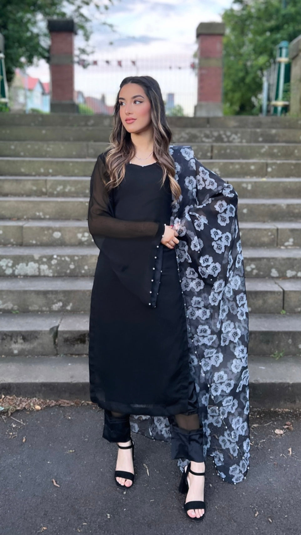 KAJAL - 3 Piece Black Chiffon Suit with Pearls Details (6929254154424)