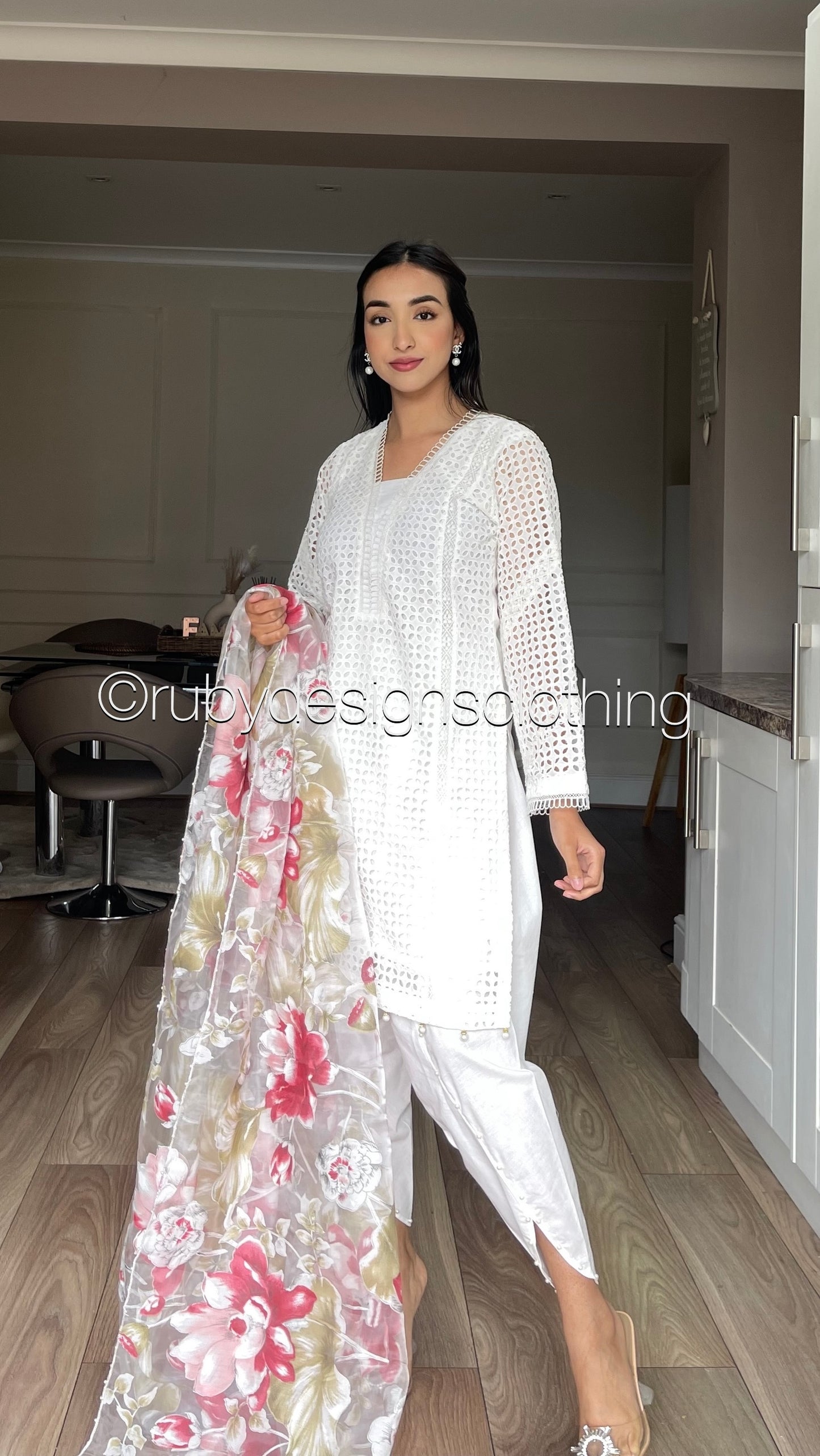 FARIA - 3 Piece White Chikankari Suit with Tulip Trousers and Floral Organza Dupatta