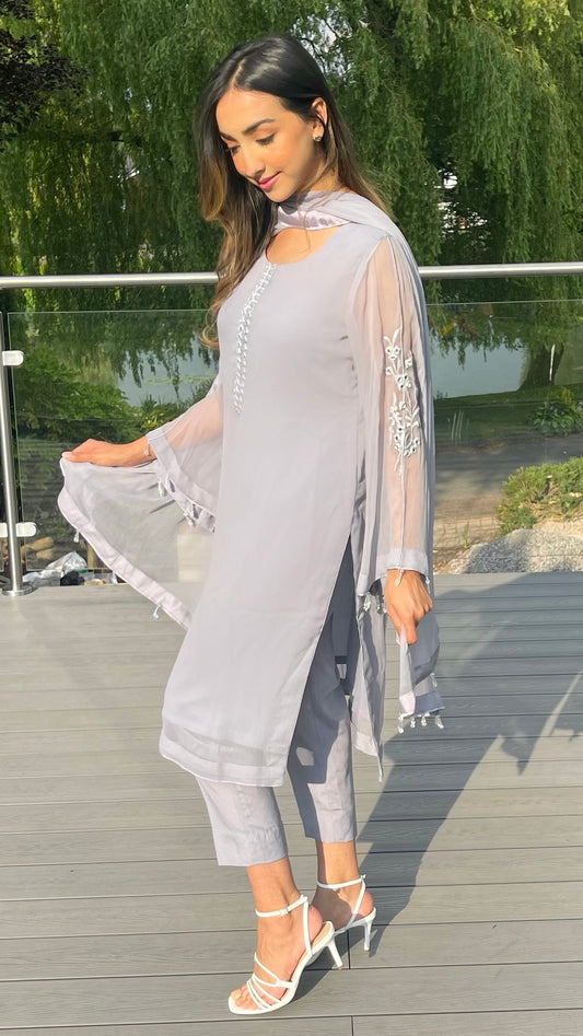 AMANI - 3 Piece Grey Chiffon Suit with Mirror and Tassel Details
