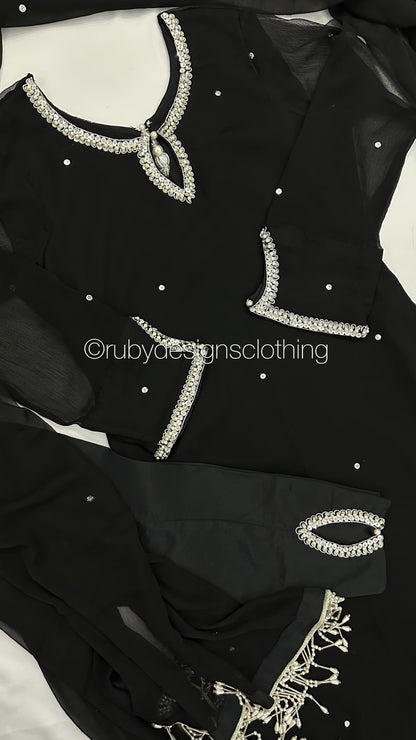 HAYA Black - 3 Piece Chiffon Suit with Hand Embellished Neckline