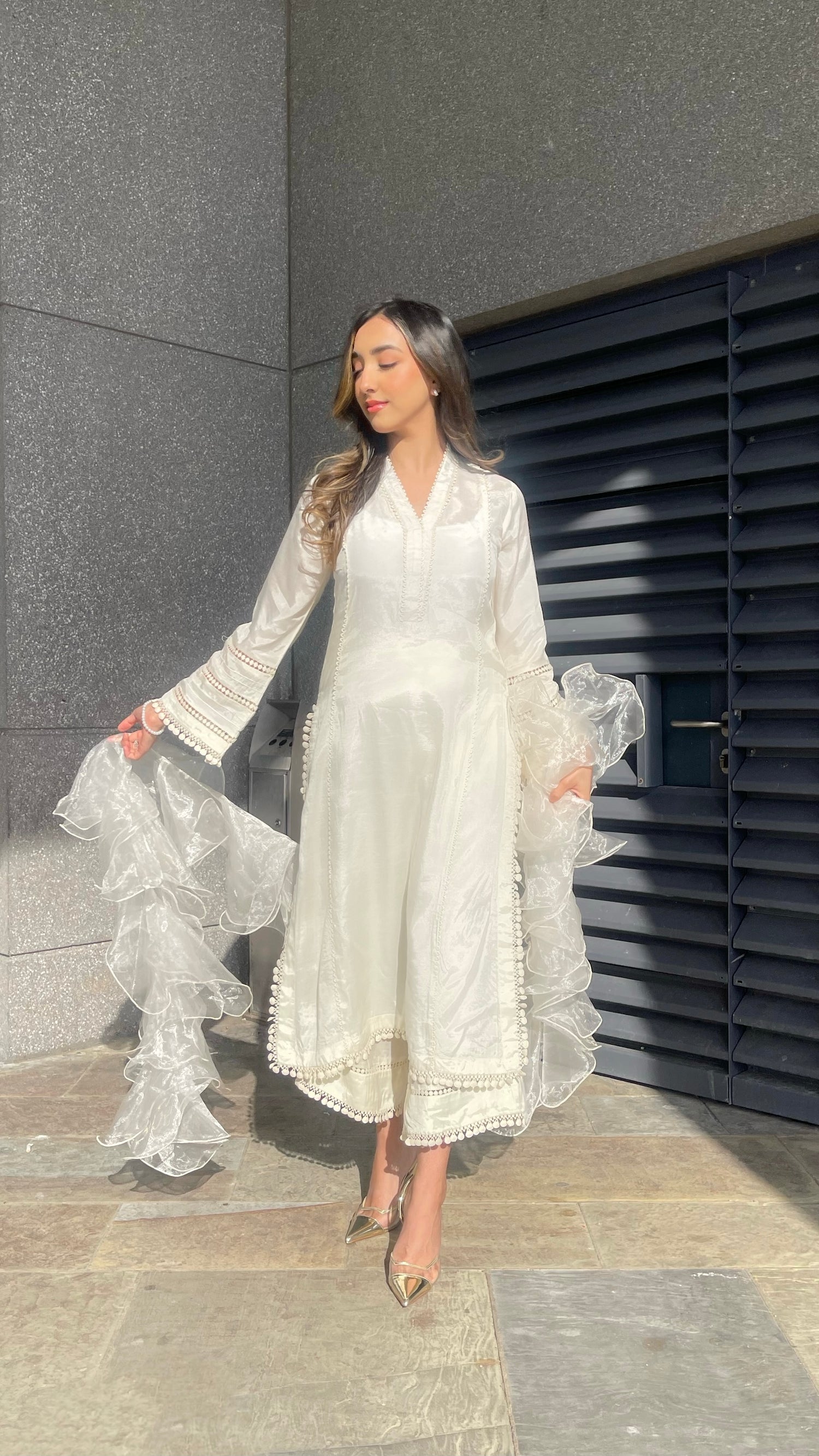 AYLA White - 3 Piece Off-White Cotton Silk Suit with Ruffle Organza Dupatta (7749559910613)